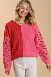 Umgee Two Toned V-Neck Knit Pullover Sweater in Hot Pink Sweaters Umgee   