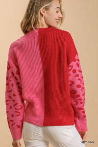 Umgee Two Toned V-Neck Knit Pullover Sweater in Hot Pink Sweaters Umgee   