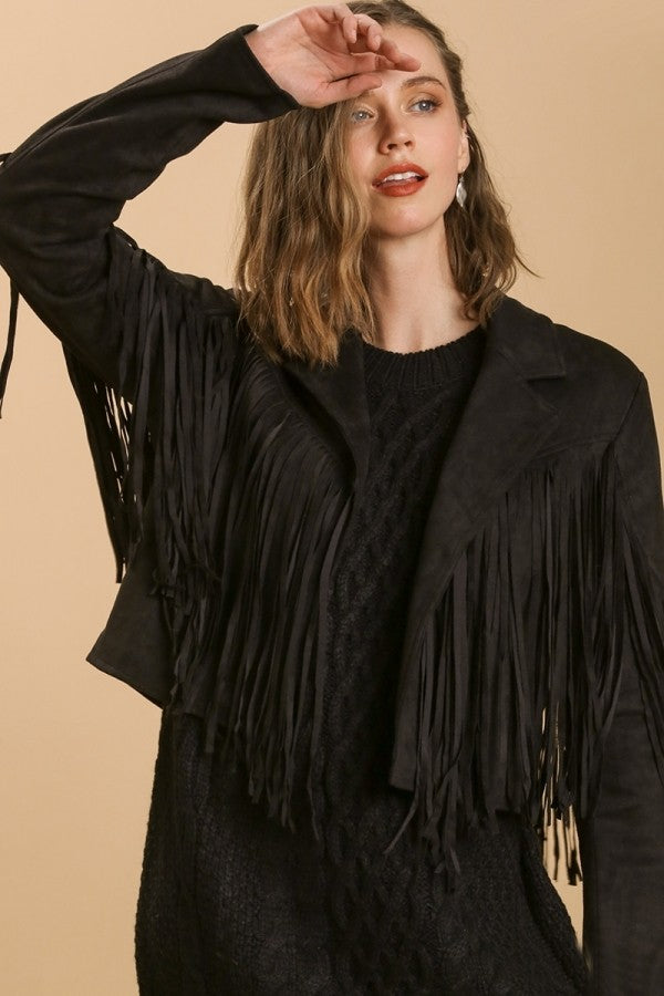 Umgee Fringe Crop Jacket in Black Coats & Jackets Umgee   