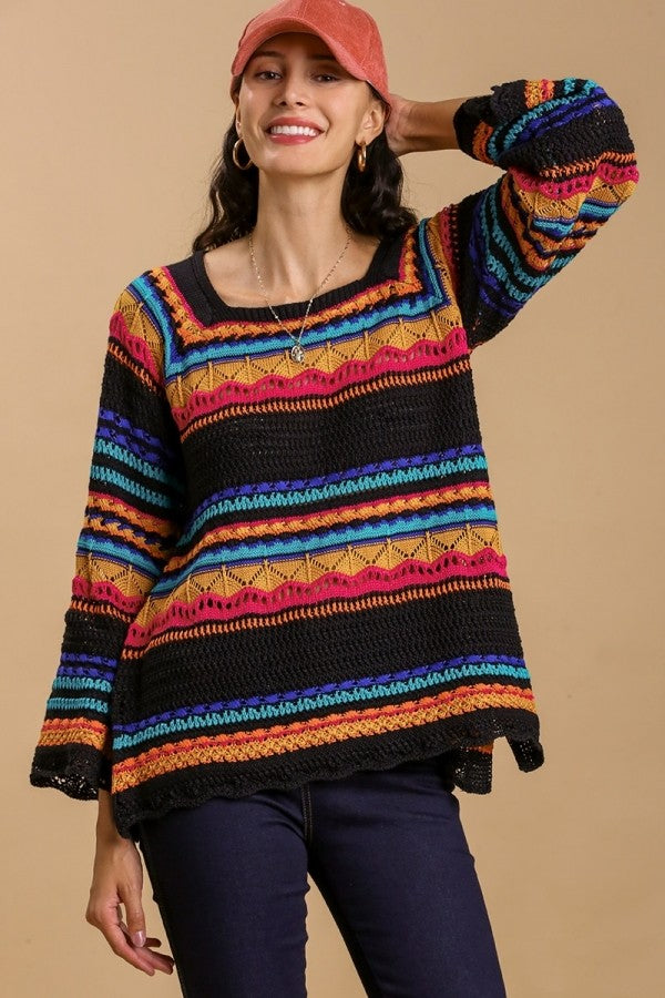 Umgee Multicolor Lightweight Sweater with Tie Back Tassel in Black Sweaters Umgee   