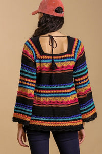 Umgee Multicolor Lightweight Sweater with Tie Back Tassel in Black Sweaters Umgee   