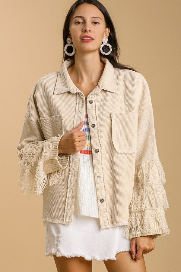 Umgee Corduroy Jacket with Fringed Sleeves in Sand Coats & Jackets Umgee   