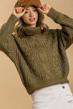 Load image into Gallery viewer, Umgee Turtle Neck Maeve Cable Detail Long Sleeve Pullover Sweater in Olive Sweaters Umgee   
