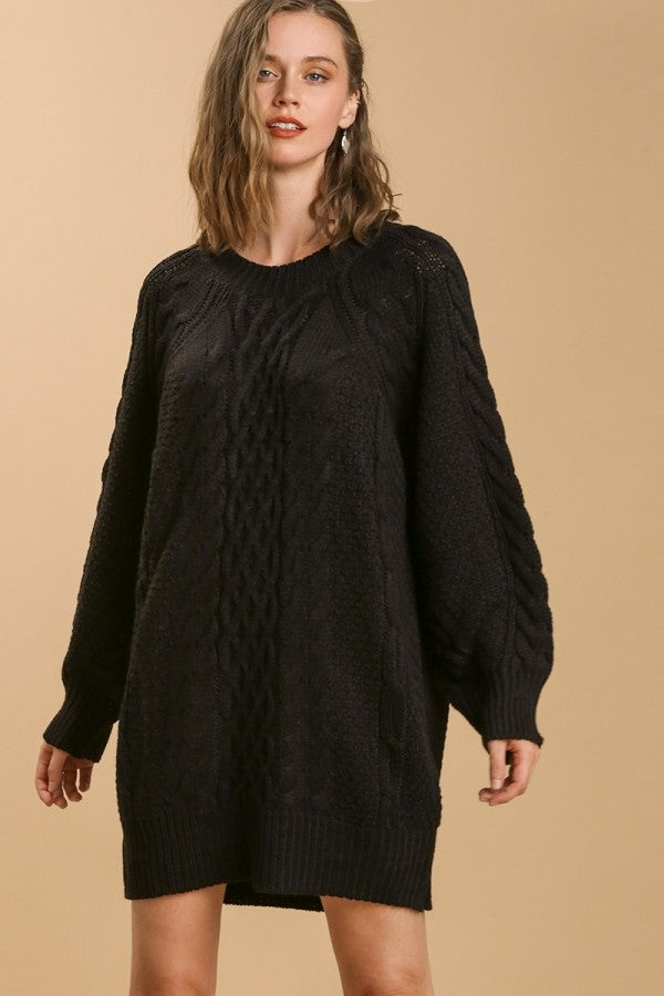 Umgee Round Neck Cable Knit Sweater Dress in Black Dress Umgee   