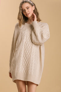 Umgee Round Neck Cable Knit Sweater Dress in Ivory Dress Umgee   