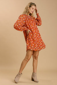 Umgee Metallic Floral Print Dress in Burnt Orange Dresses Umgee   