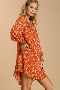 Umgee Metallic Floral Print Dress in Burnt Orange Dresses Umgee   