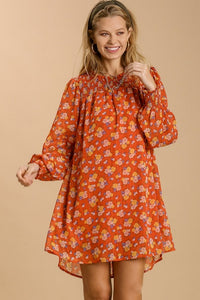 Umgee Metallic Floral Print Dress in Burnt Orange Dresses Umgee   