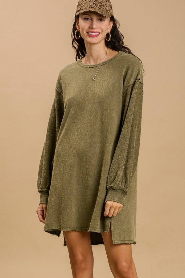 Umgee Mineral Washed Dress with Side Slits in Olive Dresses Umgee   