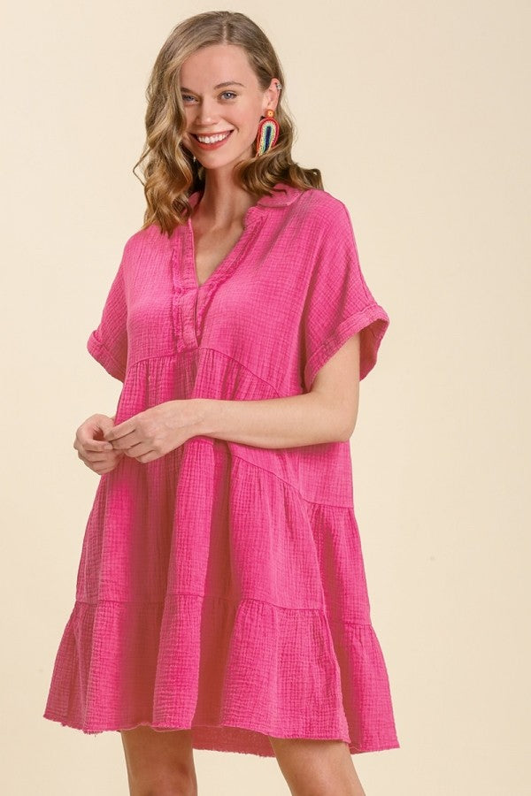 Umgee Tiered Mineral Washed Dress in Hot Pink Dress Umgee   