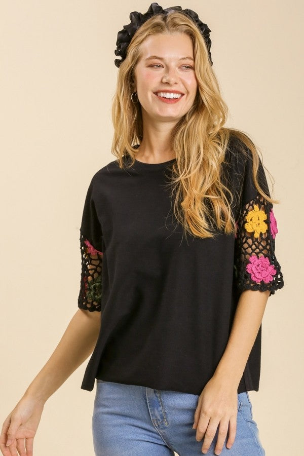 Umgee French Terry Top with Crochet Short Sleeves in Black Top Umgee   
