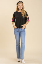 Load image into Gallery viewer, Umgee French Terry Top with Crochet Short Sleeves in Black Top Umgee   
