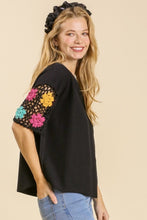 Load image into Gallery viewer, Umgee French Terry Top with Crochet Short Sleeves in Black Top Umgee   
