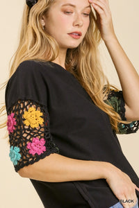 Umgee French Terry Top with Crochet Short Sleeves in Black Top Umgee   