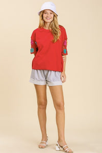 Umgee French Terry Top with Crochet Short Sleeves in Red Top Umgee   