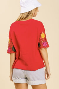 Umgee French Terry Top with Crochet Short Sleeves in Red Top Umgee   