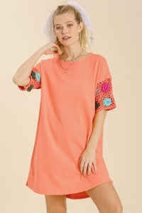Umgee Cantaloupe Dress with Colorful Crocheted Short Sleeves Dress Umgee   