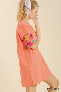 Umgee Cantaloupe Dress with Colorful Crocheted Short Sleeves Dress Umgee   