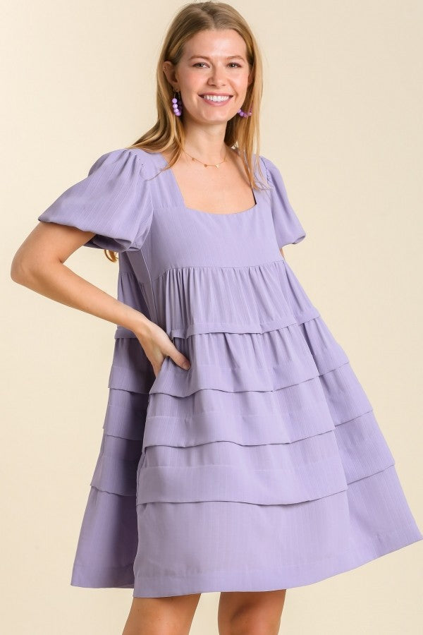 Umgee Lavender Tiered Dress with Square Neckline and Balloon Sleeves Dress Umgee   
