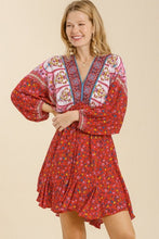 Load image into Gallery viewer, Umgee Mixed Print Dress with Ruffled Hem and Back Tie in Hot Pink Mix Dress Umgee   

