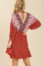 Load image into Gallery viewer, Umgee Mixed Print Dress with Ruffled Hem and Back Tie in Hot Pink Mix Dress Umgee   
