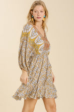 Load image into Gallery viewer, Umgee Mixed Print Dress with Ruffled Hem and Back Tie in Lemon Mix Dress Umgee   
