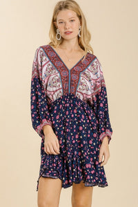 Umgee Mixed Print Dress with Ruffled Hem and Back Tie in Navy Mix Dress Umgee   