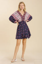 Load image into Gallery viewer, Umgee Mixed Print Dress with Ruffled Hem and Back Tie in Navy Mix Dress Umgee   
