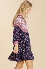 Load image into Gallery viewer, Umgee Mixed Print Dress with Ruffled Hem and Back Tie in Navy Mix Dress Umgee   
