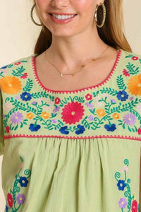 Umgee Floral Embroidered  Kaftan Top in Honeydew Top Umgee   