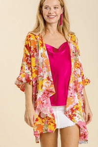 Umgee Floral Print Kimono with Ruffled Sleeves in Honey Mix Kimono Umgee   