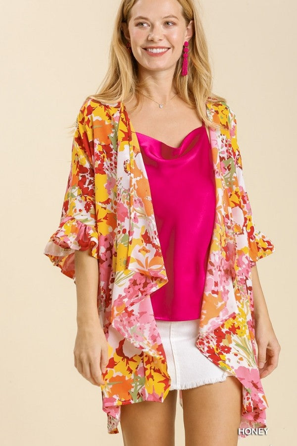 Umgee Floral Print Kimono with Ruffled Sleeves in Honey Mix FINAL SALE Kimono Umgee   