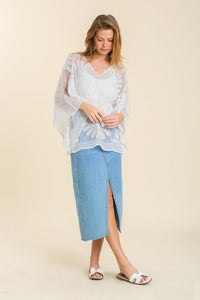 Umgee Kaftan Lace Bat Wing V-Neck Waist Tie Top in Off White FINAL SALE Top Umgee   