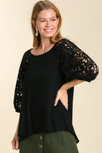 Load image into Gallery viewer, Umgee Top with Crochet Lace Sleeves in Black Top Umgee   
