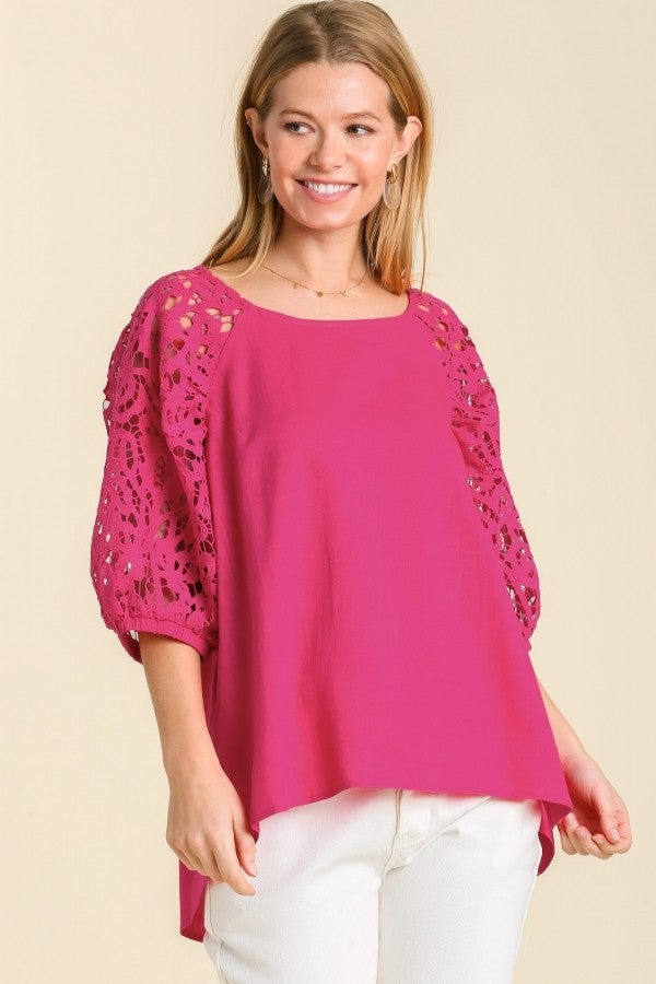 Umgee Top with Crochet Lace Sleeves in Hot Pink Top Umgee   