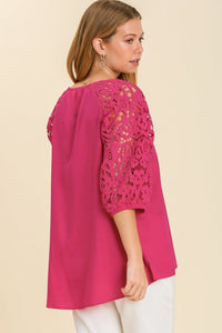 Umgee Top with Crochet Lace Sleeves in Hot Pink Top Umgee   