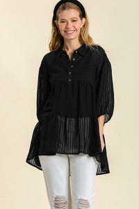 Umgee Sheer Collared Button Down Tunic Dress in Black Top Umgee   