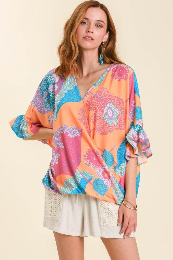 Umgee Mixed Print Top with Floral Sleeves in Mango Mix Top Umgee   