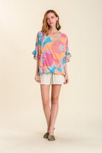 Load image into Gallery viewer, Umgee Mixed Print Top with Floral Sleeves in Mango Mix Top Umgee   
