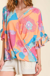 Umgee Mixed Print Top with Floral Sleeves in Mango Mix Top Umgee   