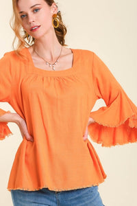 Umgee Linen Blend Layered Ruffle Sleeve with High Low Unfinished Hem in Cantaloupe Top Umgee   