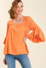 Load image into Gallery viewer, Umgee Linen Blend Layered Ruffle Sleeve with High Low Unfinished Hem in Cantaloupe Top Umgee   
