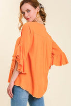 Load image into Gallery viewer, Umgee Linen Blend Layered Ruffle Sleeve with High Low Unfinished Hem in Cantaloupe Top Umgee   
