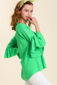 Umgee Linen Blend Layered Ruffle Sleeve with High Low Unfinished Hem in Lime Green Top Umgee   