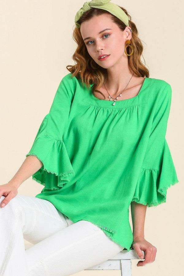 Umgee Linen Blend Layered Ruffle Sleeve with High Low Unfinished Hem in Lime Green FINAL SALE Top Umgee   