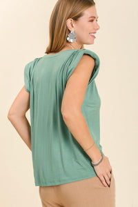 Umgee Sleeveless Jersey Top with Shoulder Pads and Pleats in Lagoon Top Umgee   