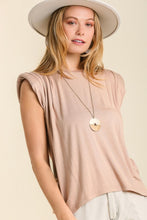 Load image into Gallery viewer, Umgee Sleeveless Jersey Top with Shoulder Pads and Pleats in Latte Top Umgee   
