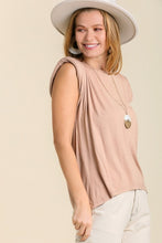Load image into Gallery viewer, Umgee Sleeveless Jersey Top with Shoulder Pads and Pleats in Latte Top Umgee   
