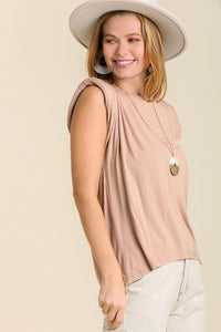 Umgee Sleeveless Jersey Top with Shoulder Pads and Pleats in Latte Top Umgee   