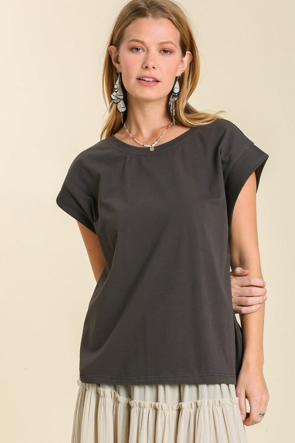 Umgee Oversize Crew Neck Knit Top with Baby Ribbed Contrast Shoulder in Ash Top Umgee   